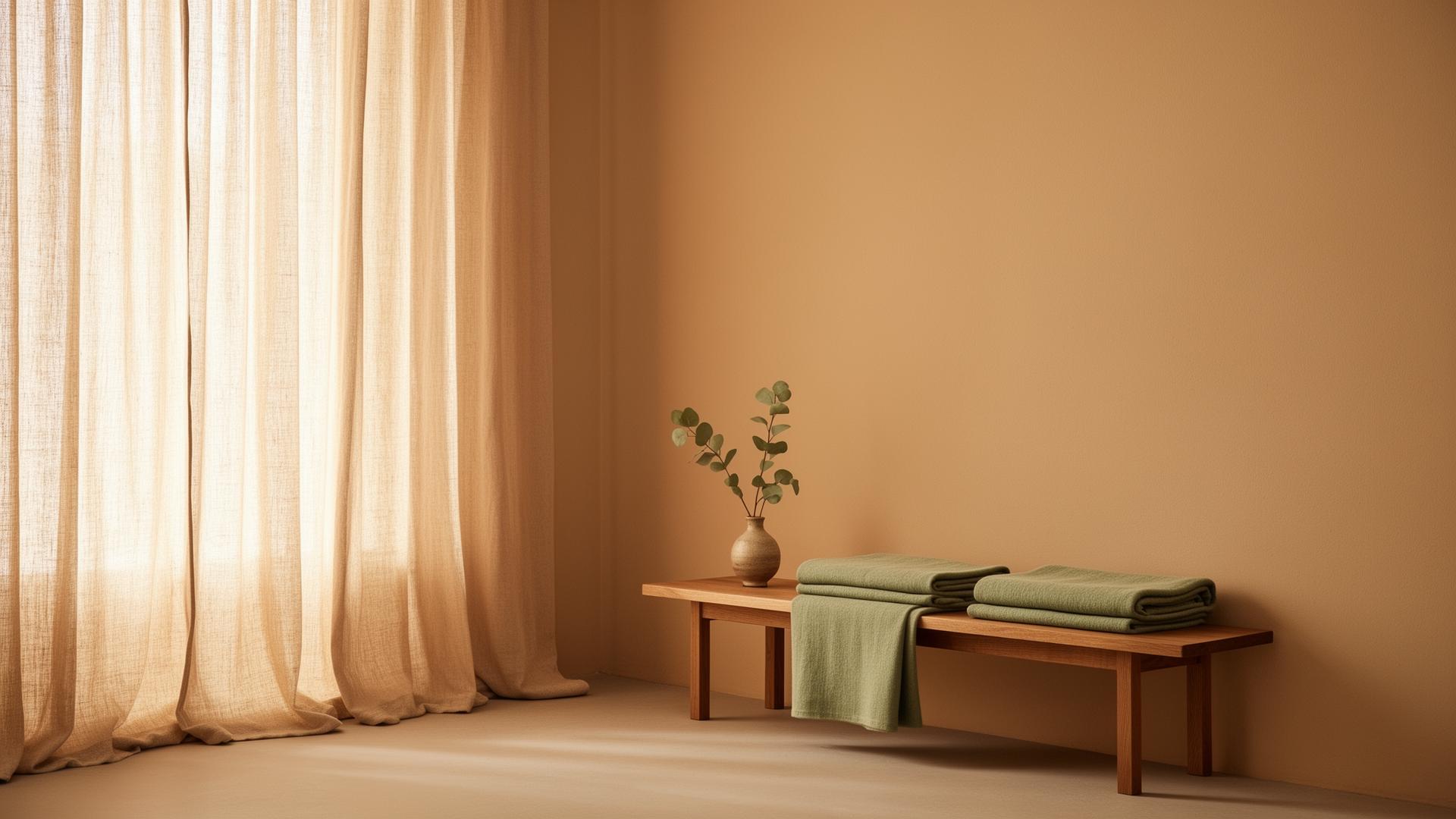 A calm wellness room with soft linen curtains